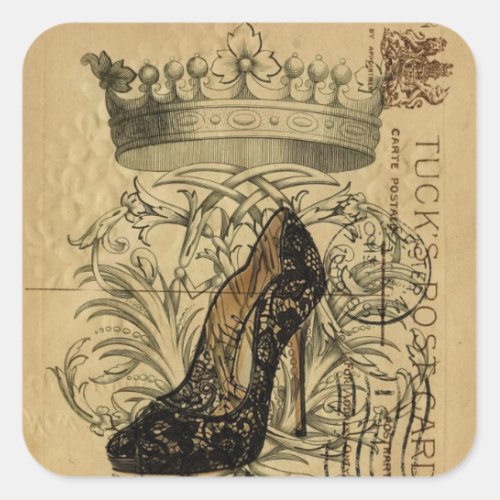 vintage crown Paris fashionista queen stiletto Square Sticker