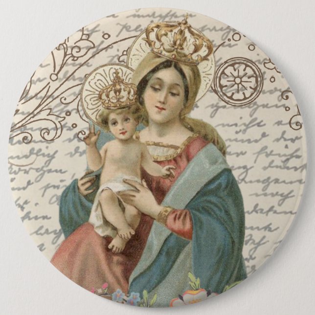 Vintage Crowned Blessed Virgin Mother Mary Jesus Button (Front)