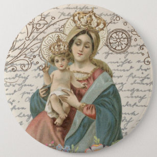 Vintage Crowned Blessed Virgin Mother Mary Jesus Button