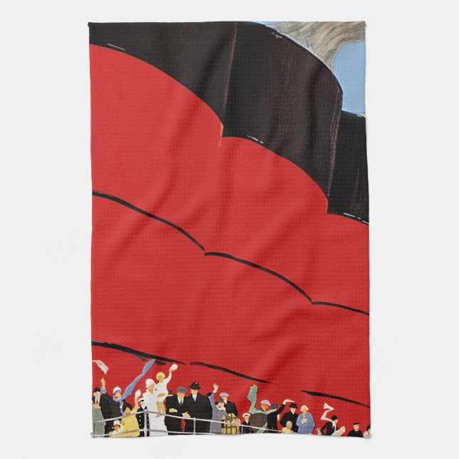 Vintage Cruise Ship Passengers Waving Goodbye Towel (Vertical)