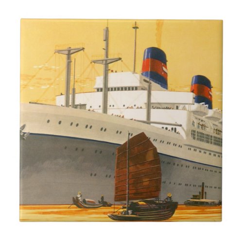 Vintage Cruise Ship to the Orient with Junks Boats Ceramic Tile
