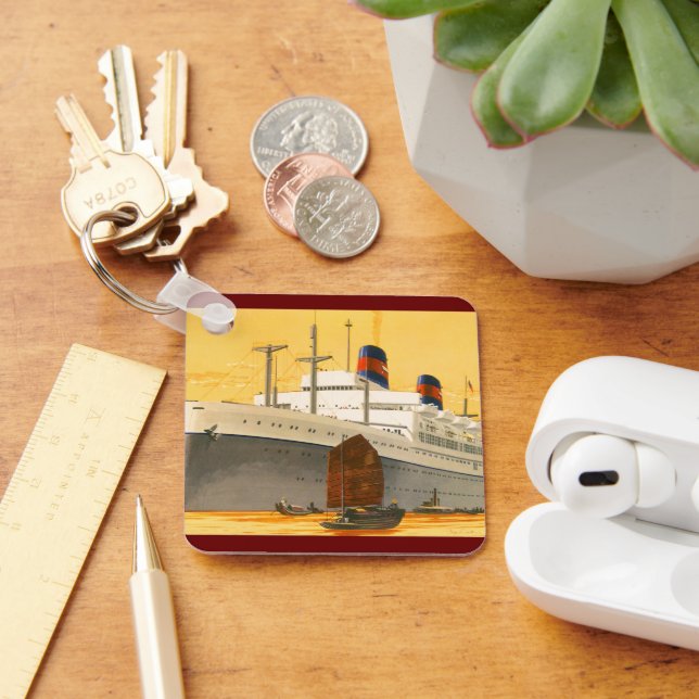 Vintage Cruise Ship to the Orient with Junks Boats Keychain (Desk)