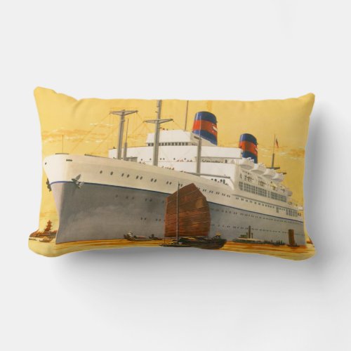 Vintage Cruise Ship to the Orient with Junks Boats Lumbar Pillow