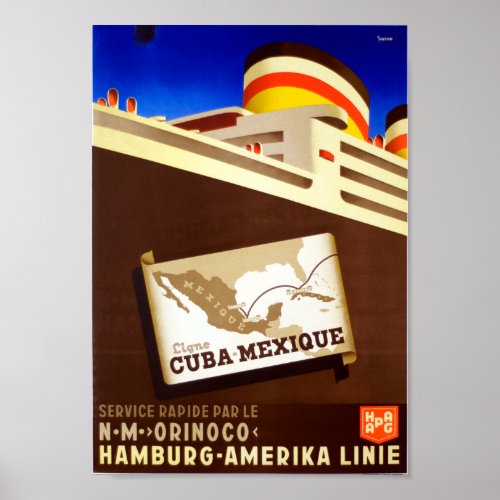 Vintage Cuba Mexico Cruise Ocean Liner Travel Poster