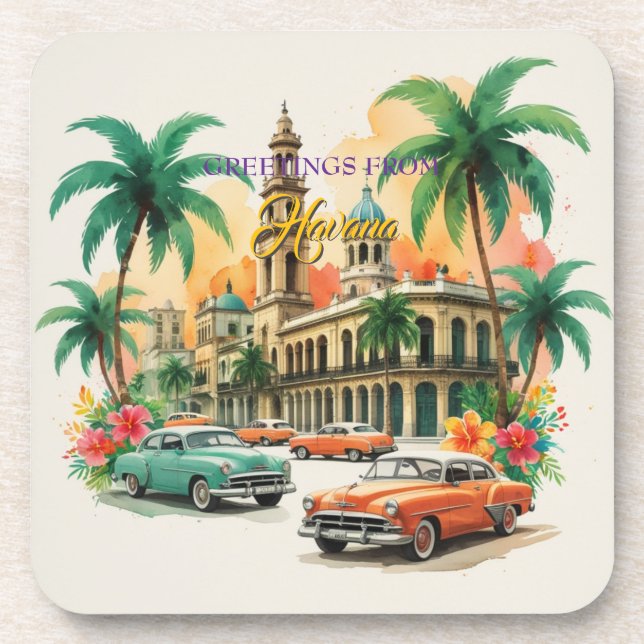 Vintage Cuba Travel - Greetings From Havana Beverage Coaster (Front)