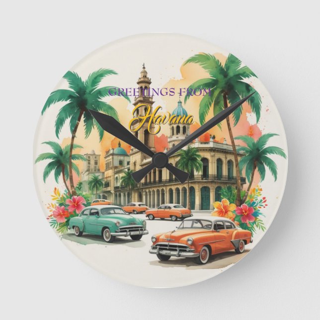 Vintage Cuba Travel - Greetings From Havana Round Clock (Front)