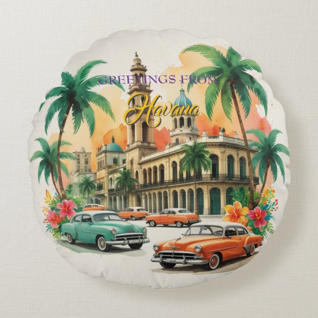 Vintage Cuba Travel - Greetings From Havana Round Pillow (Front)