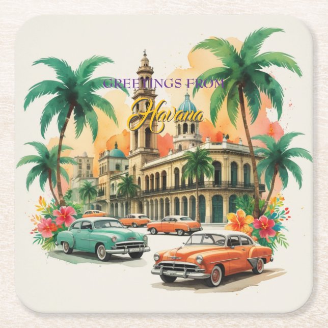 Vintage Cuba Travel - Greetings From Havana Square Paper Coaster (Front)