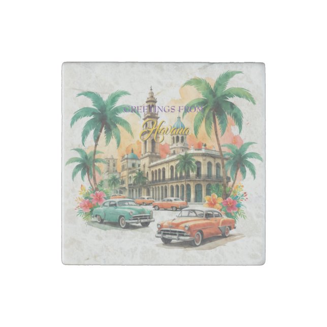 Vintage Cuba Travel - Greetings From Havana Stone Magnet (Front)