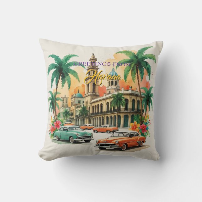 Vintage Cuba Travel - Greetings From Havana Throw Pillow (Front)
