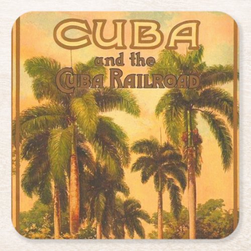 Vintage Cuban Travel _ Cuba Railroad Lithograph Square Paper Coaster