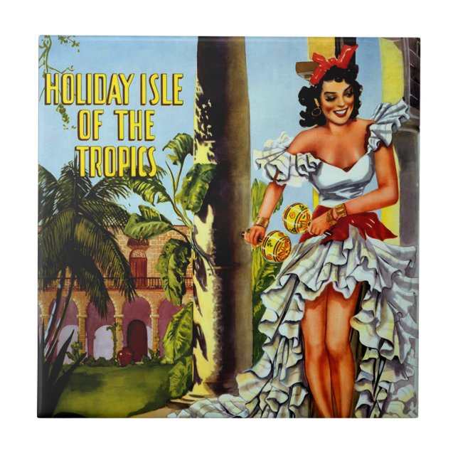 Vintage Cuban Travel - Holiday Isle Tropics Ceramic Tile (Front)