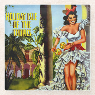Vintage Cuban Travel - Holiday Isle Tropics Glass Coaster