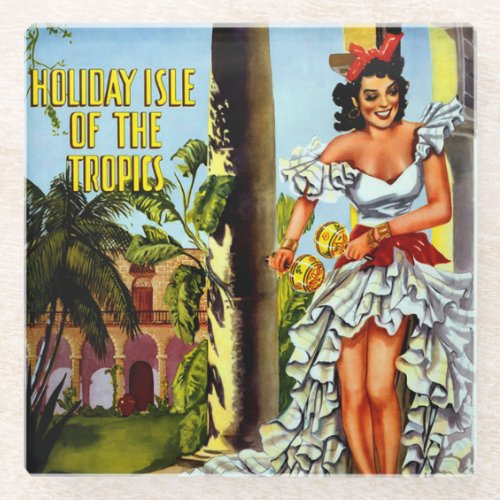Vintage Cuban Travel _ Holiday Isle Tropics Glass Coaster
