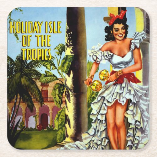 Vintage Cuban Travel _ Holiday Isle Tropics Square Paper Coaster