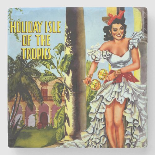 Vintage Cuban Travel _ Holiday Isle Tropics Stone Coaster