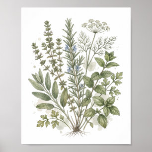Vintage Culinary Herbs Watercolor Art Poster