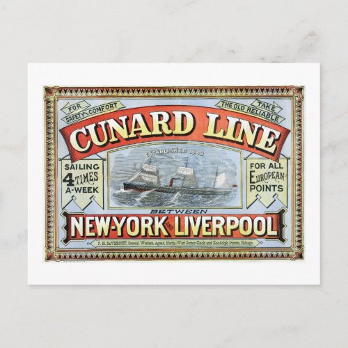 Vintage Cunard Line Sailing New York to Liverpool Postcard