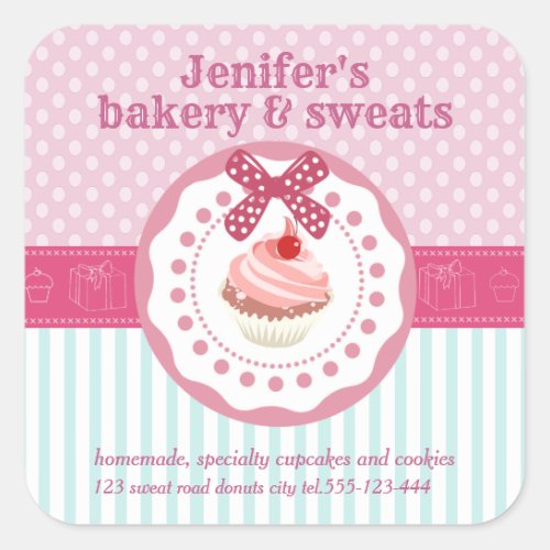 Vintage cupcakes bakery polka dots stripes square sticker