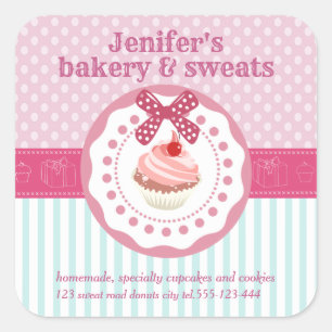 Vintage cupcakes bakery polka dots stripes square sticker