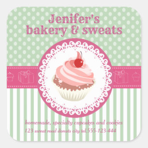 Vintage cupcakes bakery polka dots stripes square sticker