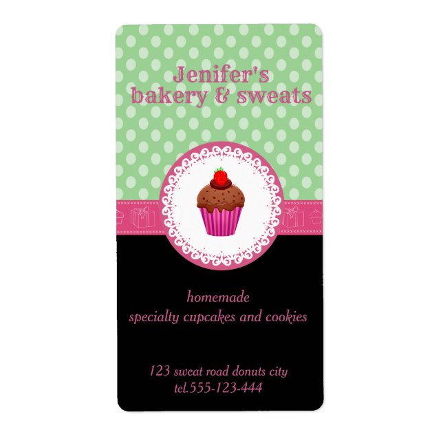 Vintage cupcakes & cookies polka dots pink label (Front)