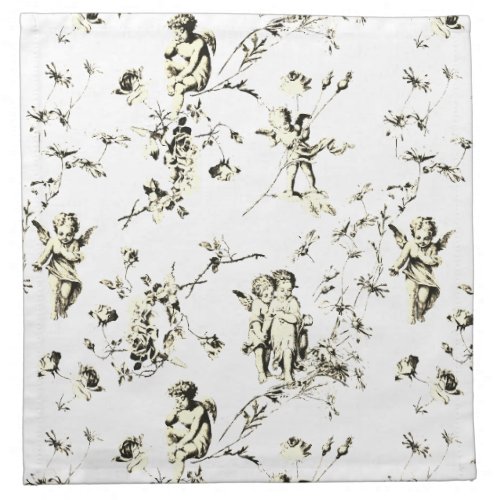 Vintage Cupid Angels Floral Beige White Toile Cloth Napkin