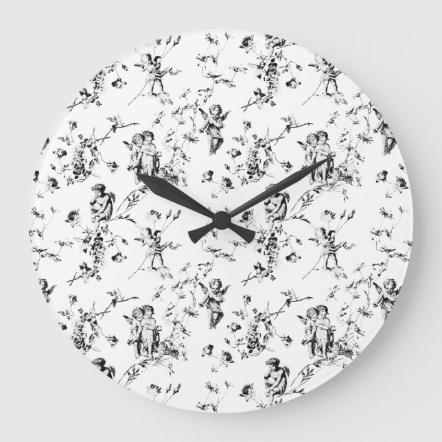 Vintage Cupid Angels Floral Black White Toile Large Clock (Front)