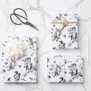 Vintage Cupid Angels Floral Black White Toile Wrapping Paper Sheets