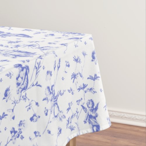Vintage Cupid Angels Floral Blue White Toile Tablecloth