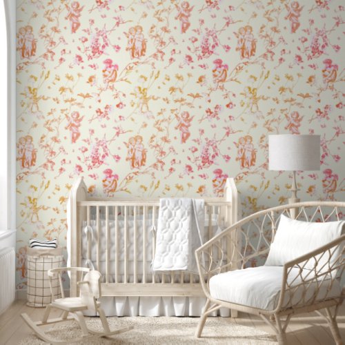 Vintage Cupid Angels Floral Pink Orange Toile Wallpaper