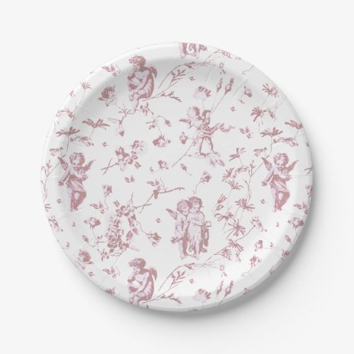 Vintage Cupid Angels Floral Pink White Toile Paper Plates