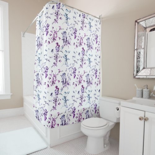 Vintage Cupid Angels Floral Purple Blue Toile Shower Curtain