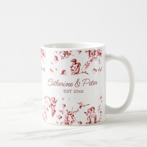 Vintage Cupid Angels Floral Red Toile Couple Names Coffee Mug