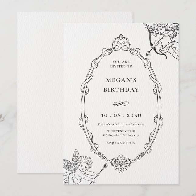 Vintage cupid baroque frame art birthday invitation (Front/Back)