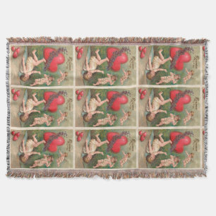 Vintage Cupid Cherub Red Hearts Valentine Postcard Throw Blanket