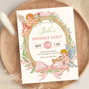 Vintage cupid floral bow birthday invitation