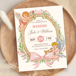 Vintage cupid floral bow wedding invitation