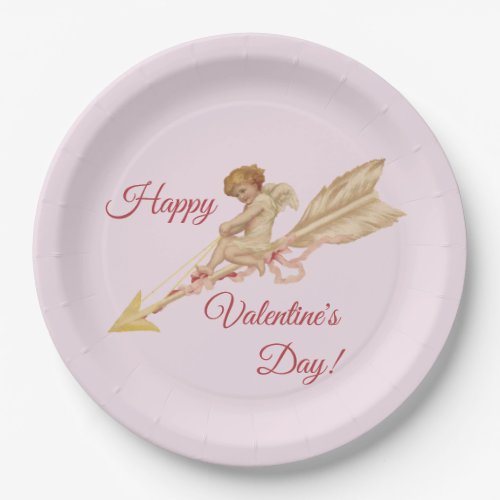 Vintage Cupid on Arrow Custom Message Valentine Paper Plates