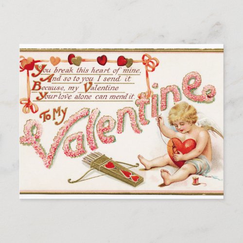 Vintage Cupid Sews Heart Valentine Post Card