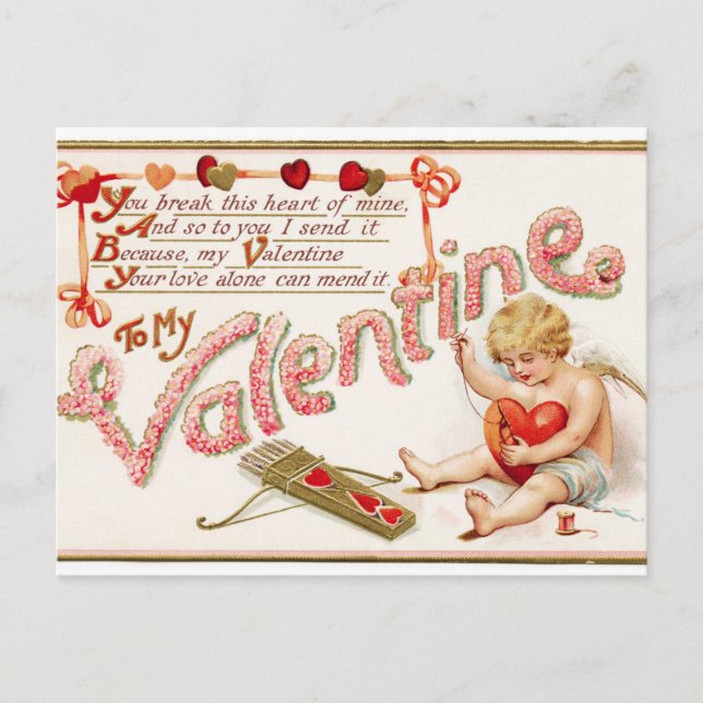 Vintage Cupid Sews Heart Valentine Post Card (Front)