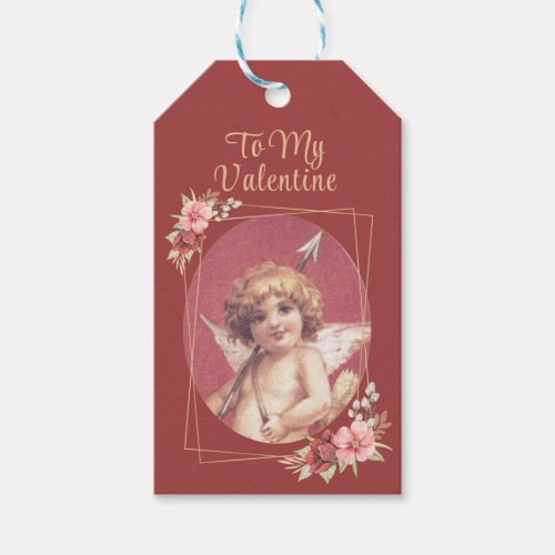 Vintage Cupid Valentine Heart Flowers Gold Red Tag