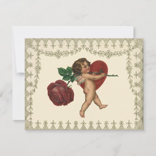Vintage Cupid w Red Rose and Heart Save the Date Invitation