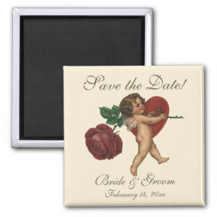 Vintage Cupid w Red Rose and Heart Save the Date Magnet