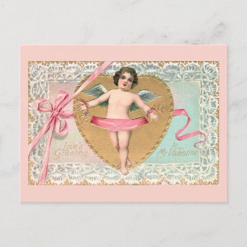 Vintage Cupid with Gold Heart Lace  Pink Ribbon Postcard