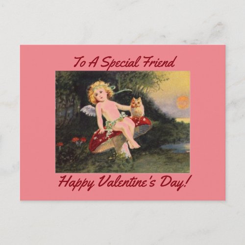 Vintage Cupid With Owl Holiday Postcard