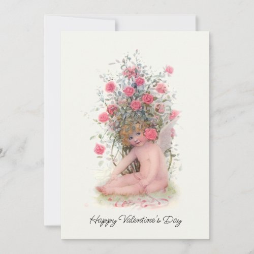 Vintage Cupid with Pink Roses Valentine Holiday Card
