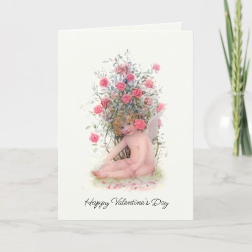 Vintage Cupid with Pink Roses Valentine Holiday Card