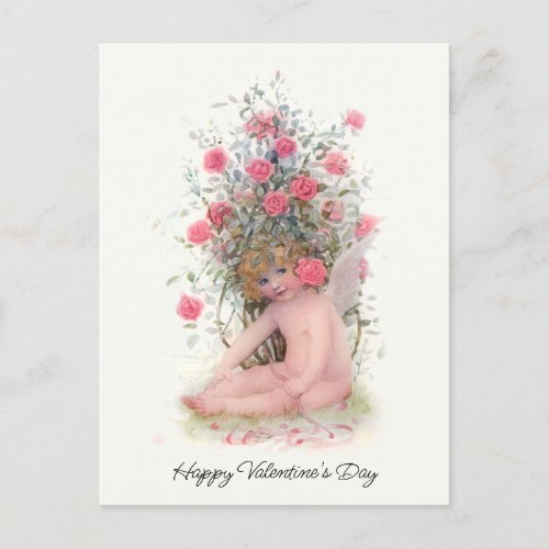 Vintage Cupid with Pink Roses Valentine Holiday Postcard