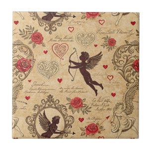 Vintage Cupid's Romantic Pattern (10) Ceramic Tile